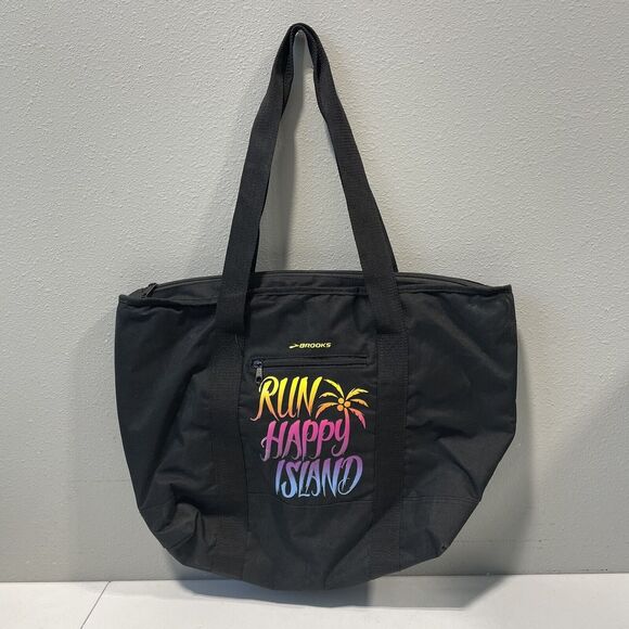 Brooks Run‎ Happy Island Tote Bag Black Zippered Travel Gym Beach - Picture 1 of 6